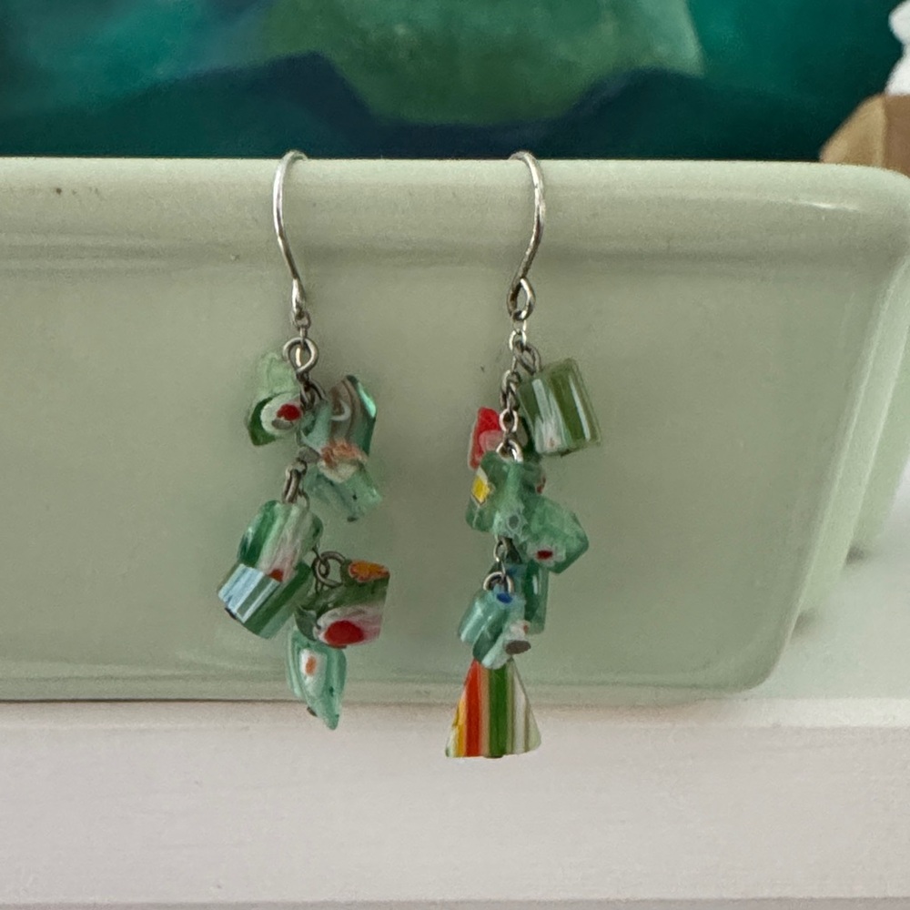 Millefiori Vintage Sterling Silver Green Glass Beaded Dangle Earrings